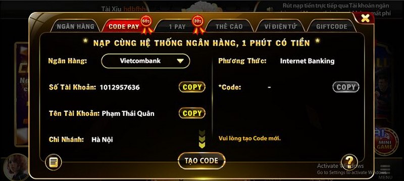 Các bước nạp tiền vào Yo88